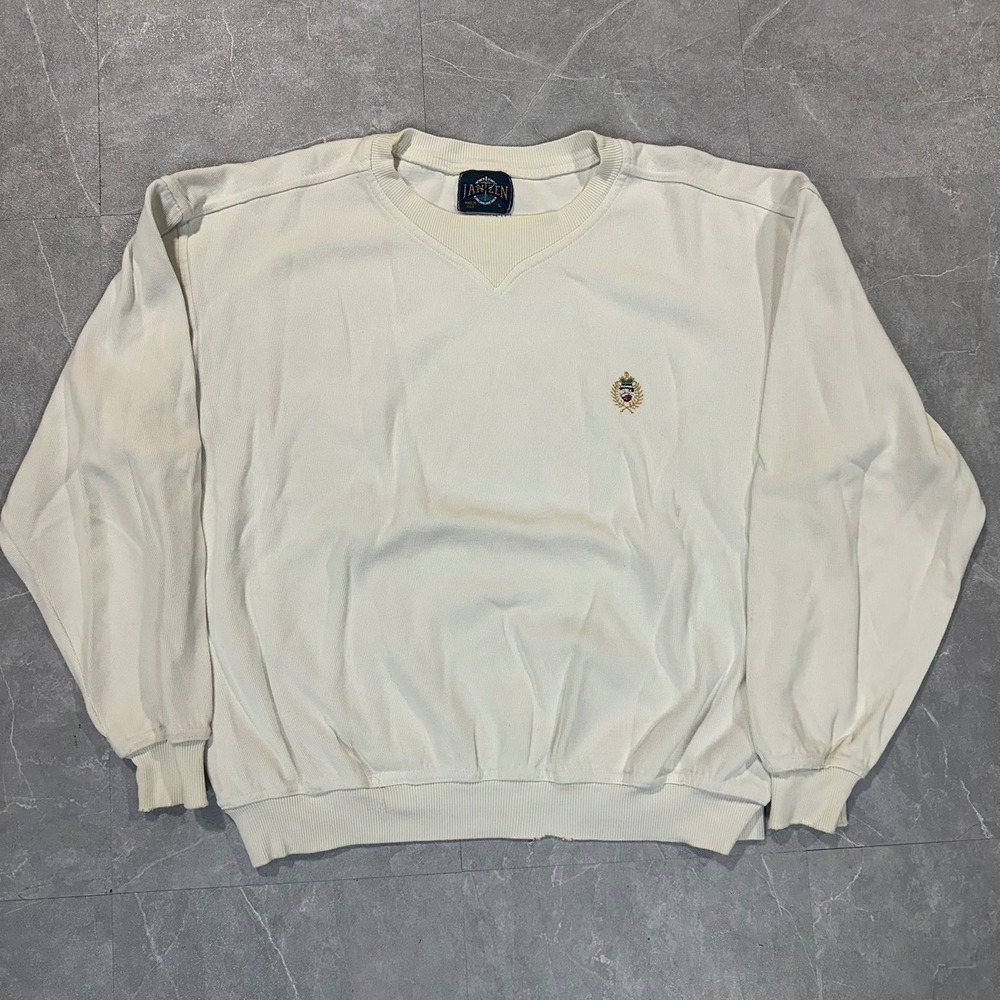 Vintage Jantzen Sweatshirt Mens Large Cream Ribbed V-Neck Crest Logo Made in USA